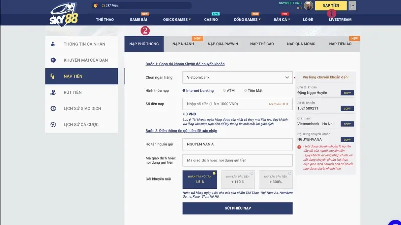 Hướng dẫn nạp tiền Sky88 nhanh chóng và tiện lợi chỉ với 2 phút Cách nạp tiền Sky88 nhanh chóng theo từng phương thức